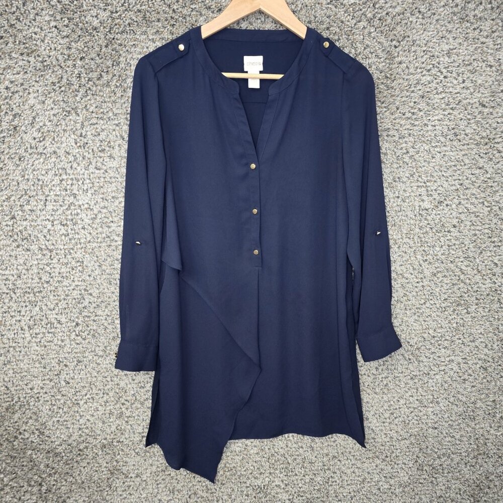 Chicos Top Womens 0 US Small Navy Blue Tunic Sheer Roll Tab Sleeve Blouse